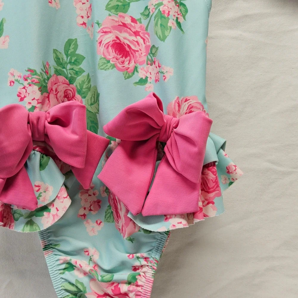 Mud‎ Pie Swimsuit Baby Girls 24M 2T Blue Floral Rose Pink Bow Ric Rac One Piece